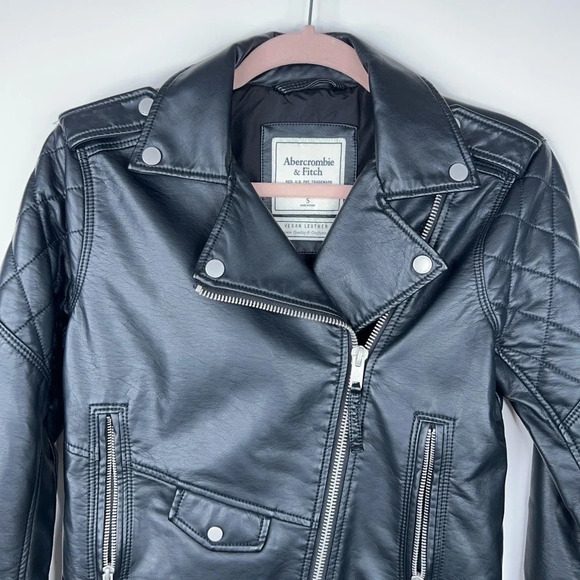 Abercrombie & Fitch Vegan Leather Moto Jacket Black Zip Up Biker Size Small - Picture 2 of 10